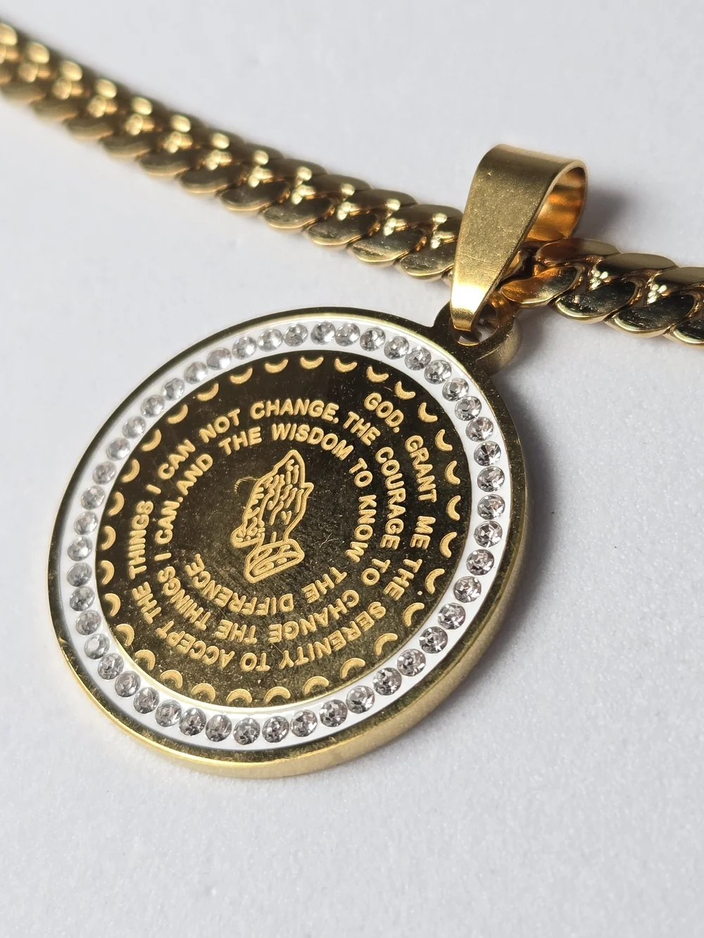 Serenity Prayer Necklace Praying Hands CZ Gold Stainless Steel 22